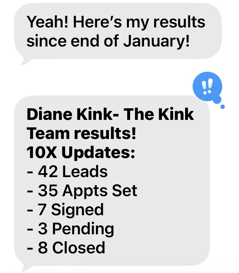 Text message from a 10xSearch client sharing results since January